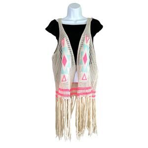 The Classic Aztec Print Boho Open Crochet Fringe Vest One Size Western Festival‎